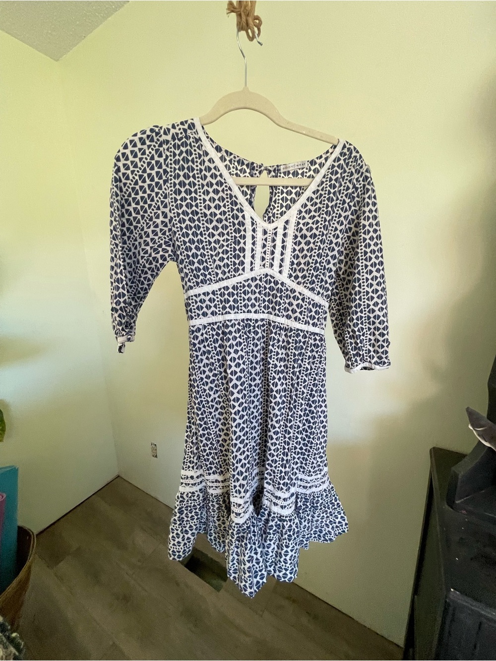Navy and White Printed V-Neck Midi Dress